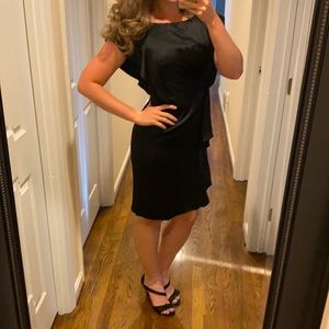 Paule Ka Black Ruffle Satin Cocktail Dress Small